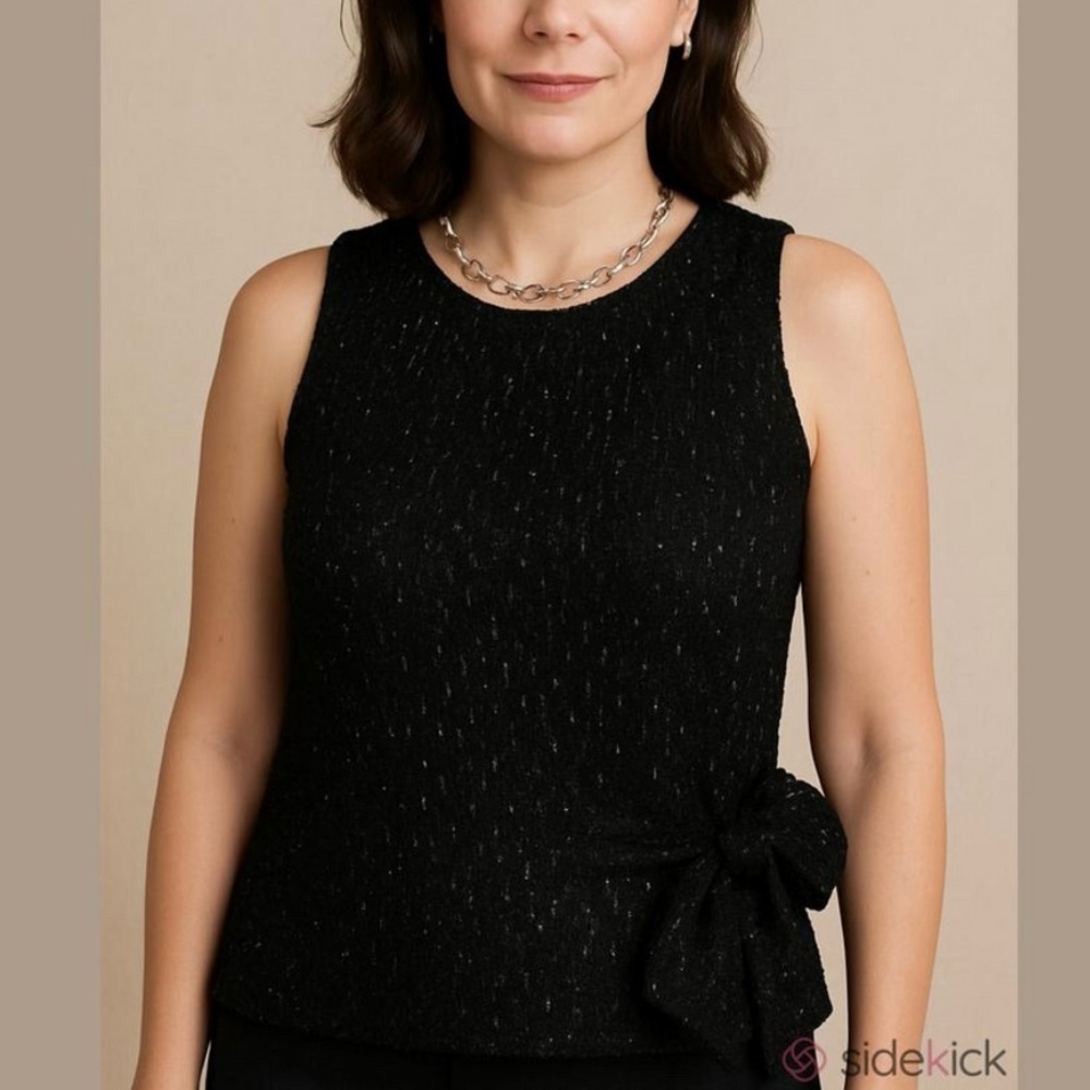 Melissa Paige black and silver textured sleeveless top with a side tie.